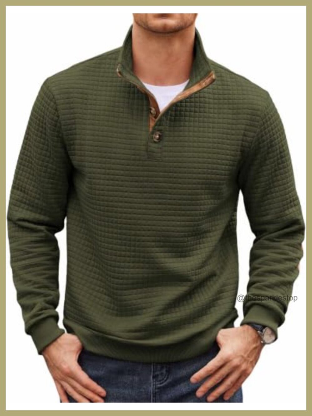 Men's Quarter Button Waffle Sweatshirt Long Sleeve Pullover Stand Collar